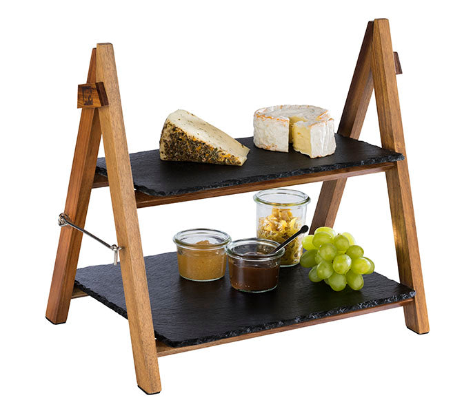 Wooden Serving Stand With 2 Slate Trays