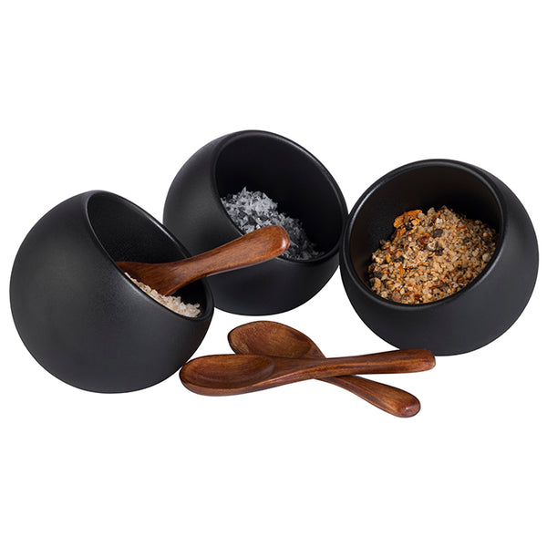 Moon Serving Set of 3 Melamine Black Bowls and 3 Wooden Spoons